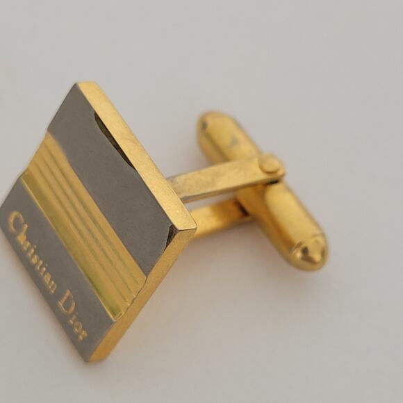 Christian Dior Gold Silver Tone Logo Cufflinks Vintage Square Designer - Picture 7 of 7
